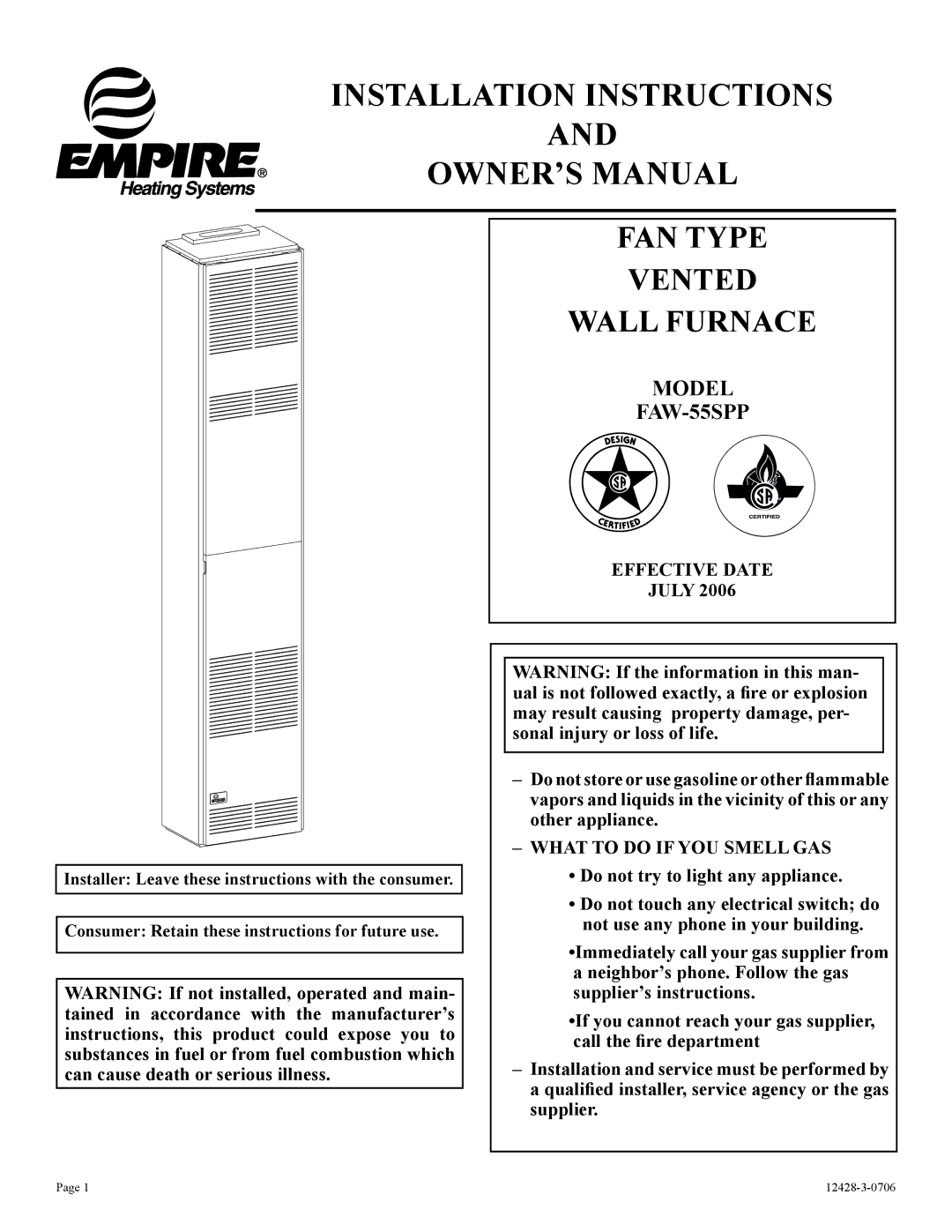 Empire Comfort Systems FAW-55SPP installation instructions Installation Instructions 