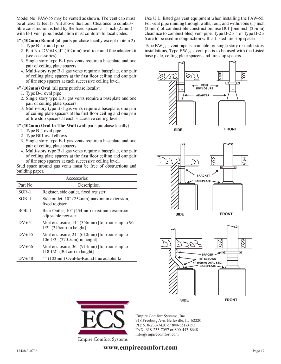 Empire Comfort Systems FAW-55SPP installation instructions SOR-1 