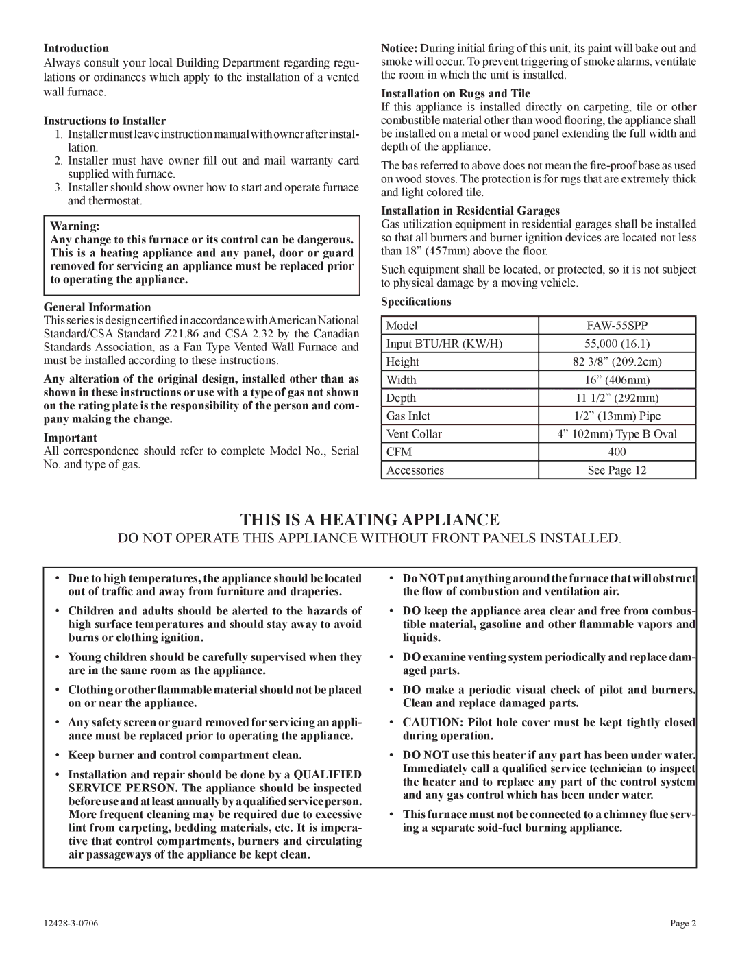 Empire Comfort Systems FAW-55SPP Introduction, Instructions to Installer, Installation on Rugs and Tile, Speciﬁcations 