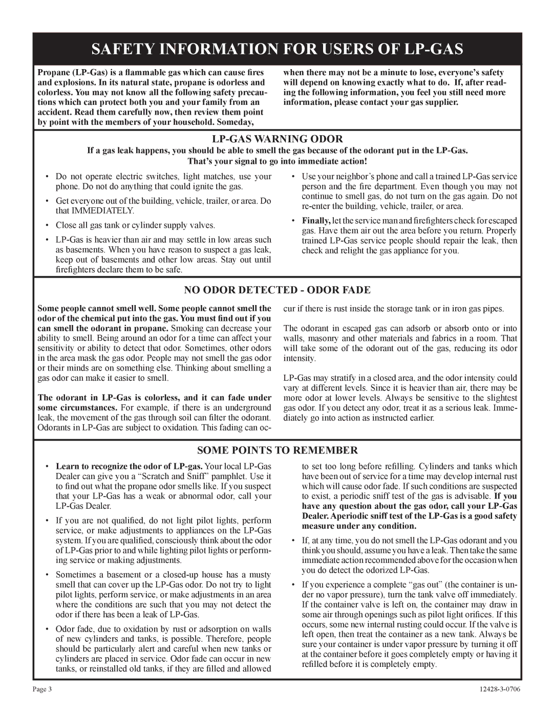 Empire Comfort Systems FAW-55SPP installation instructions Safety Information for Users of LP-GAS 