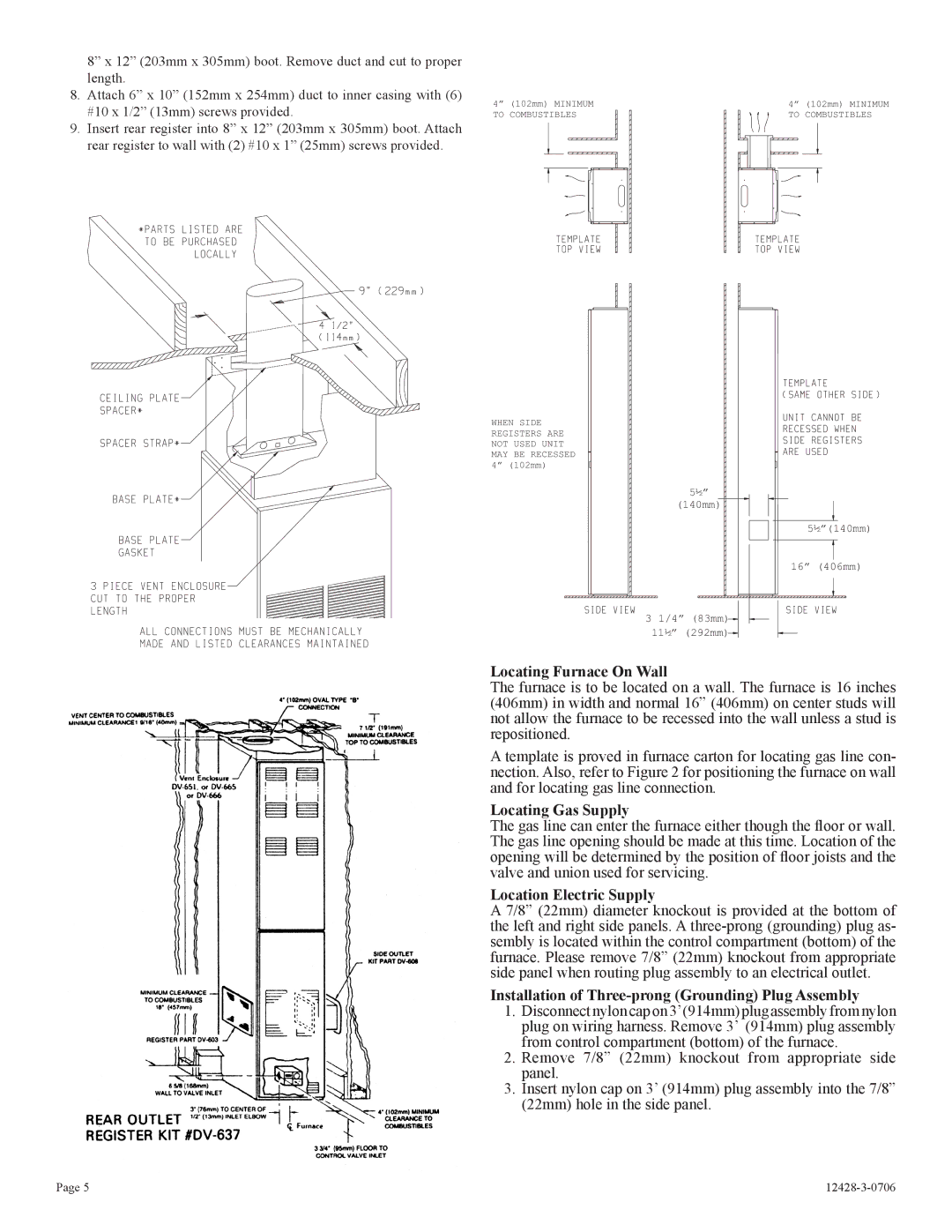 Empire Comfort Systems FAW-55SPP Locating Furnace On Wall, Locating Gas Supply, Location Electric Supply 