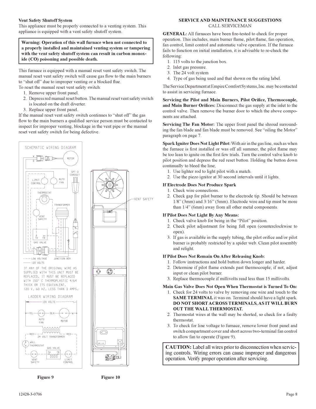 Empire Comfort Systems FAW-55SPP installation instructions Vent Safety Shutoff System, If Electrode Does Not Produce Spark 