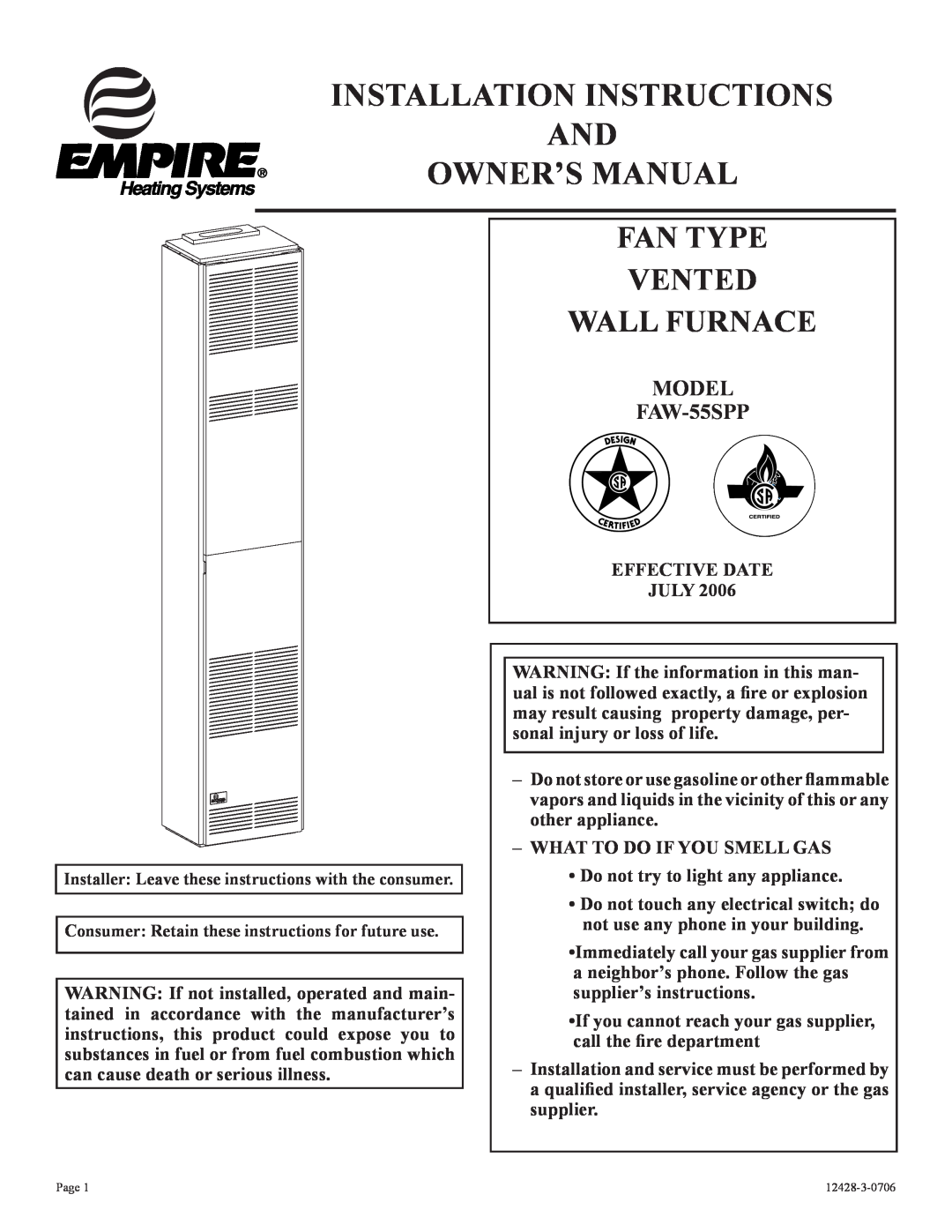Empire Comfort Systems installation instructions MODEL FAW-55SPP, Fan Type Vented Wall Furnace 