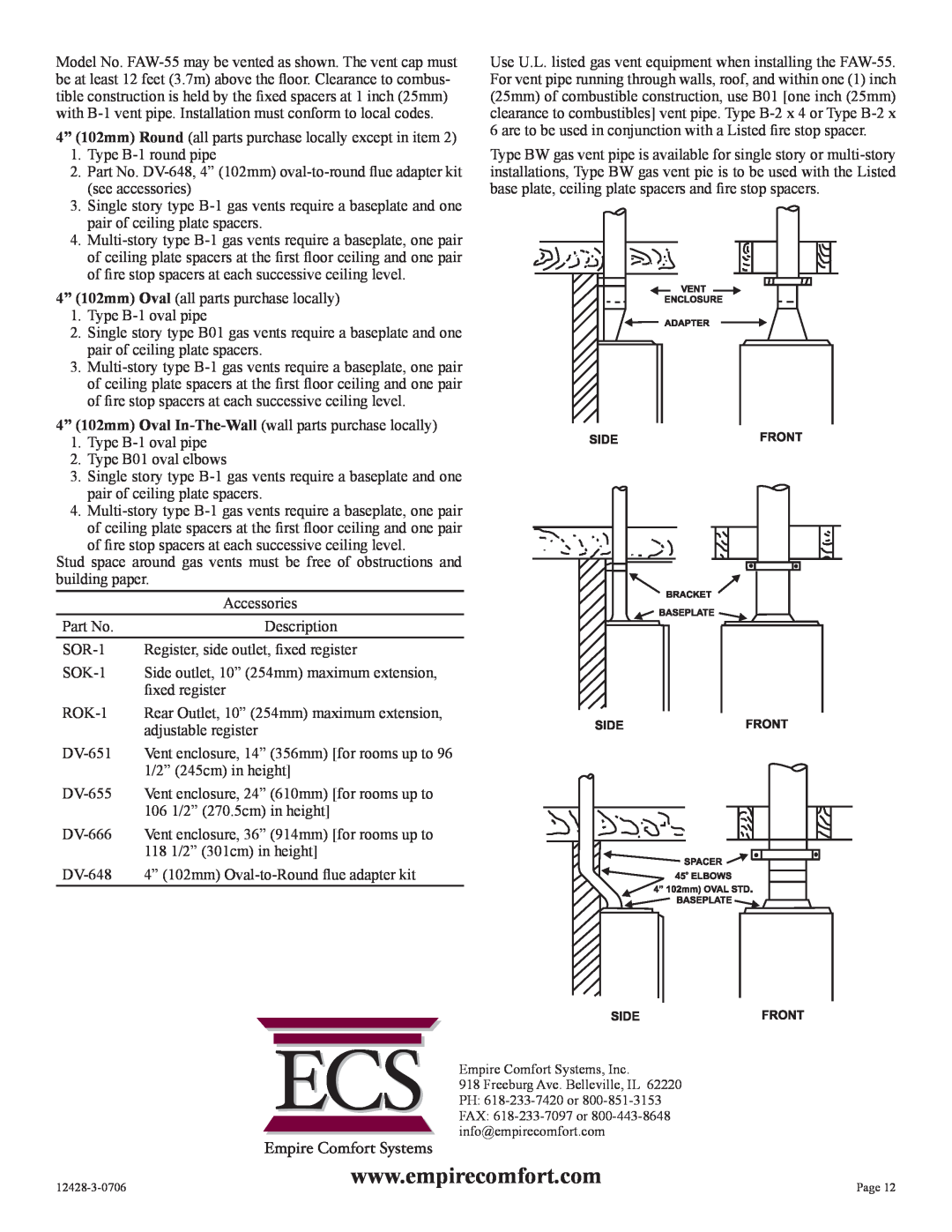 Empire Comfort Systems FAW-55SPP installation instructions 