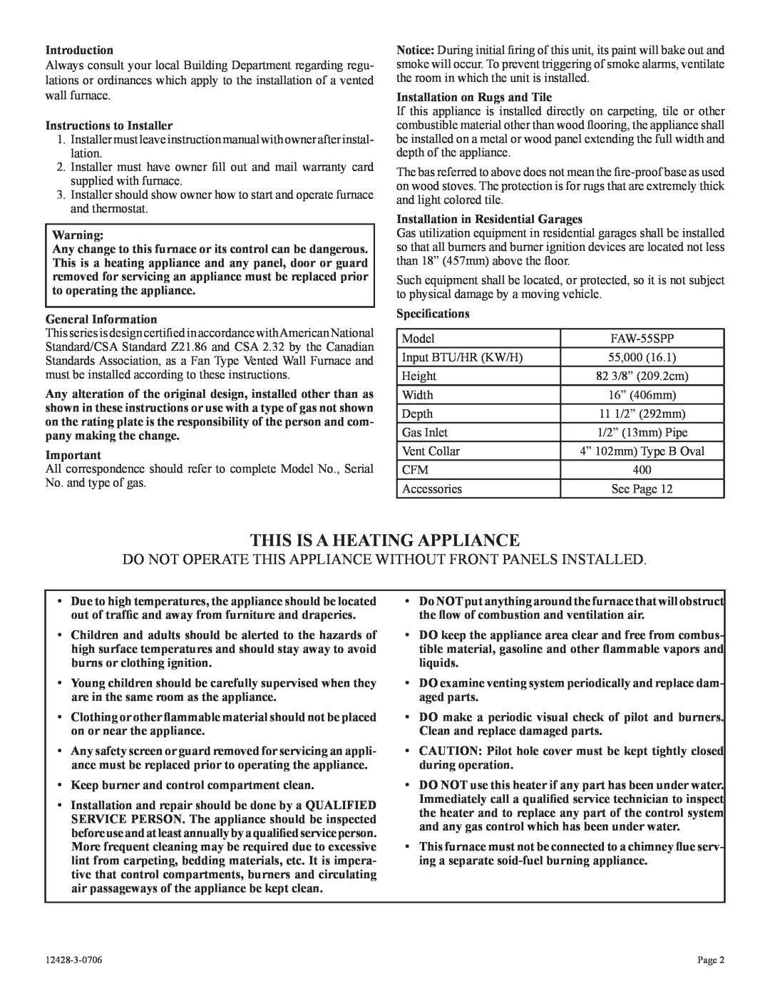 Empire Comfort Systems FAW-55SPP installation instructions This Is A Heating Appliance 