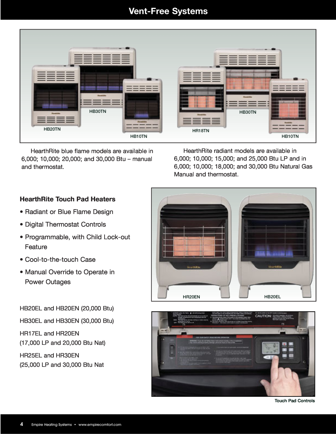 Empire Comfort Systems GWT-35 manual HearthRite Touch Pad Heaters, Vent-FreeSystems, Radiant or Blue Flame Design 