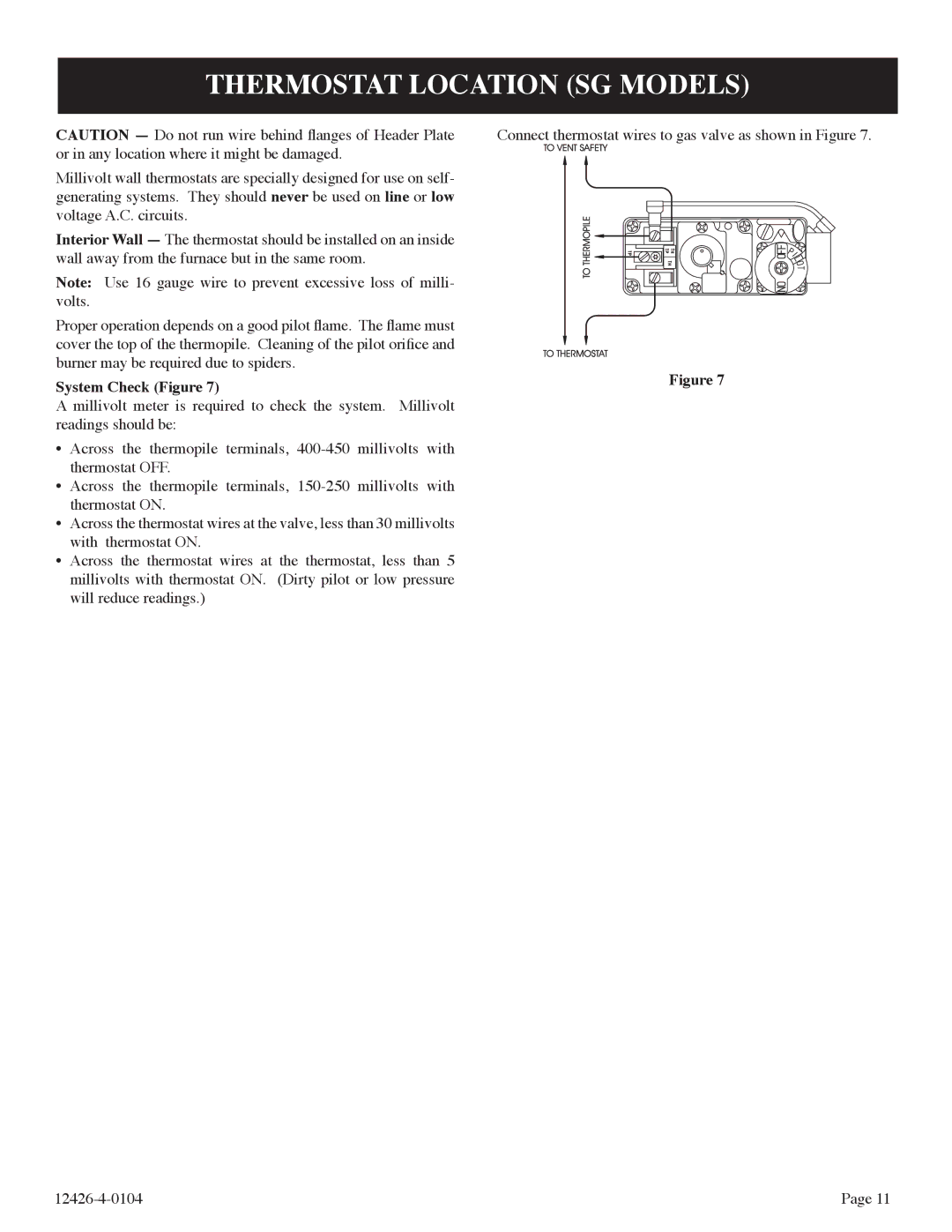 Empire Comfort Systems RB), GWT-50-2 installation instructions Thermostat Location SG Models, System Check Figure 