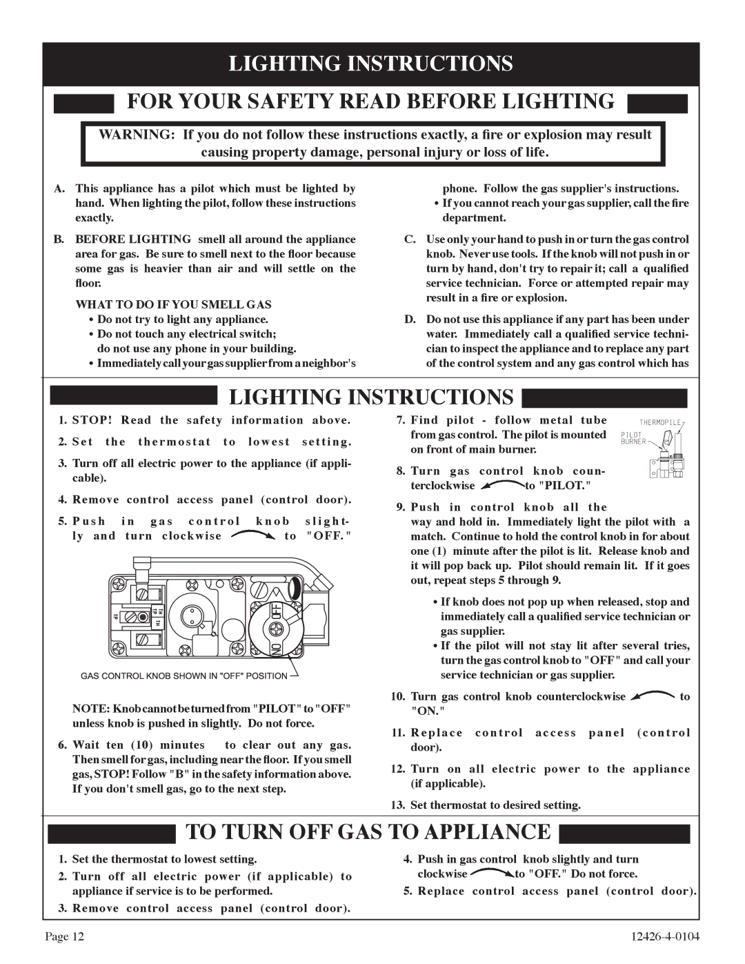 Empire Comfort Systems GWT-50-2, RB) installation instructions Lighting Instructions, Turn clockwise OFF 