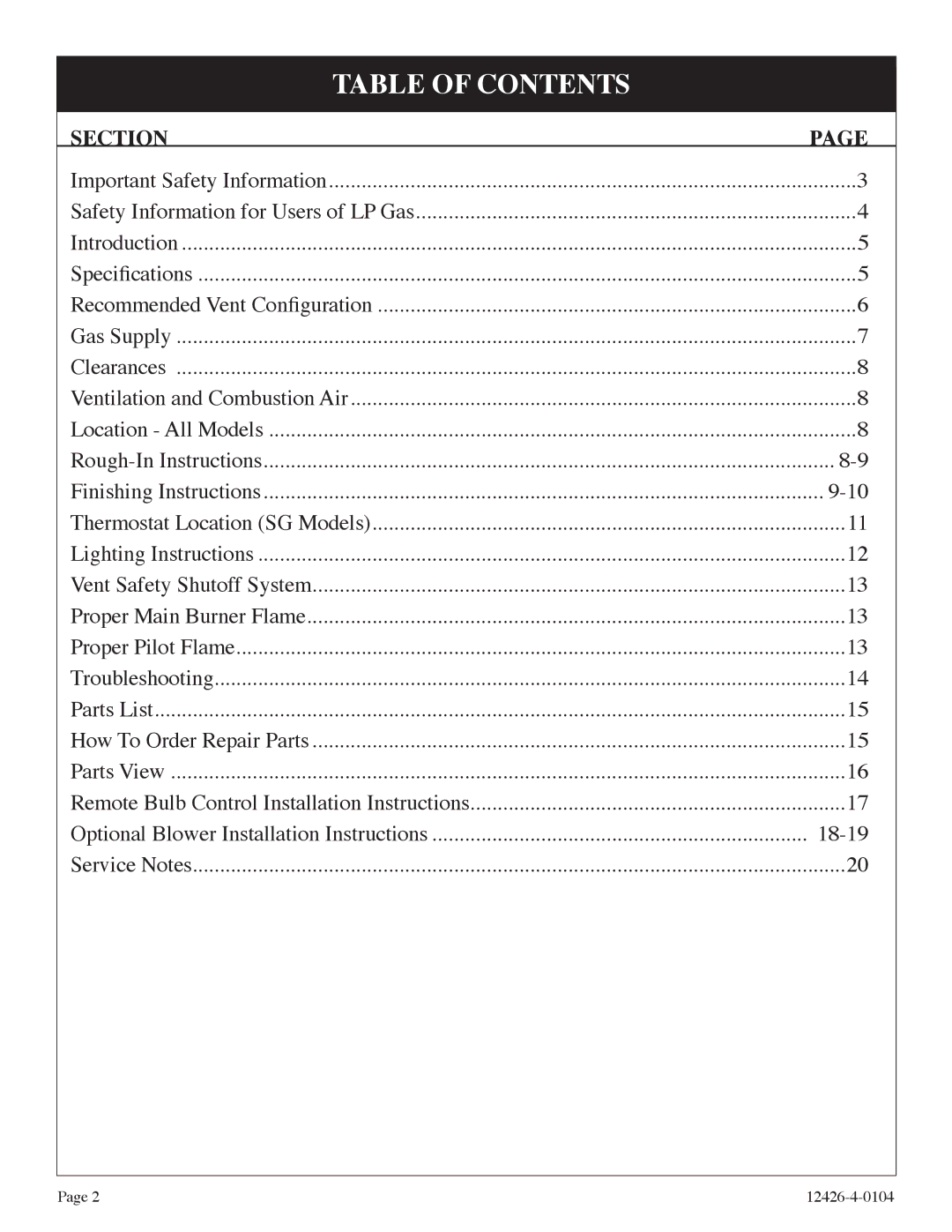 Empire Comfort Systems GWT-50-2, RB) installation instructions Table of Contents 