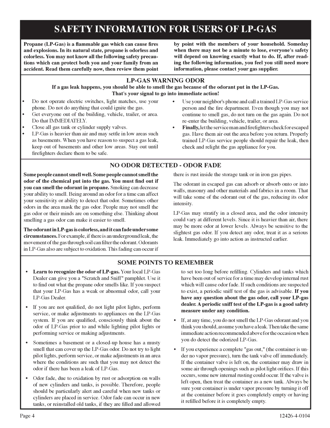 Empire Comfort Systems GWT-50-2, RB) installation instructions Safety Information for Users of LP-GAS, LP-GAS Warning Odor 