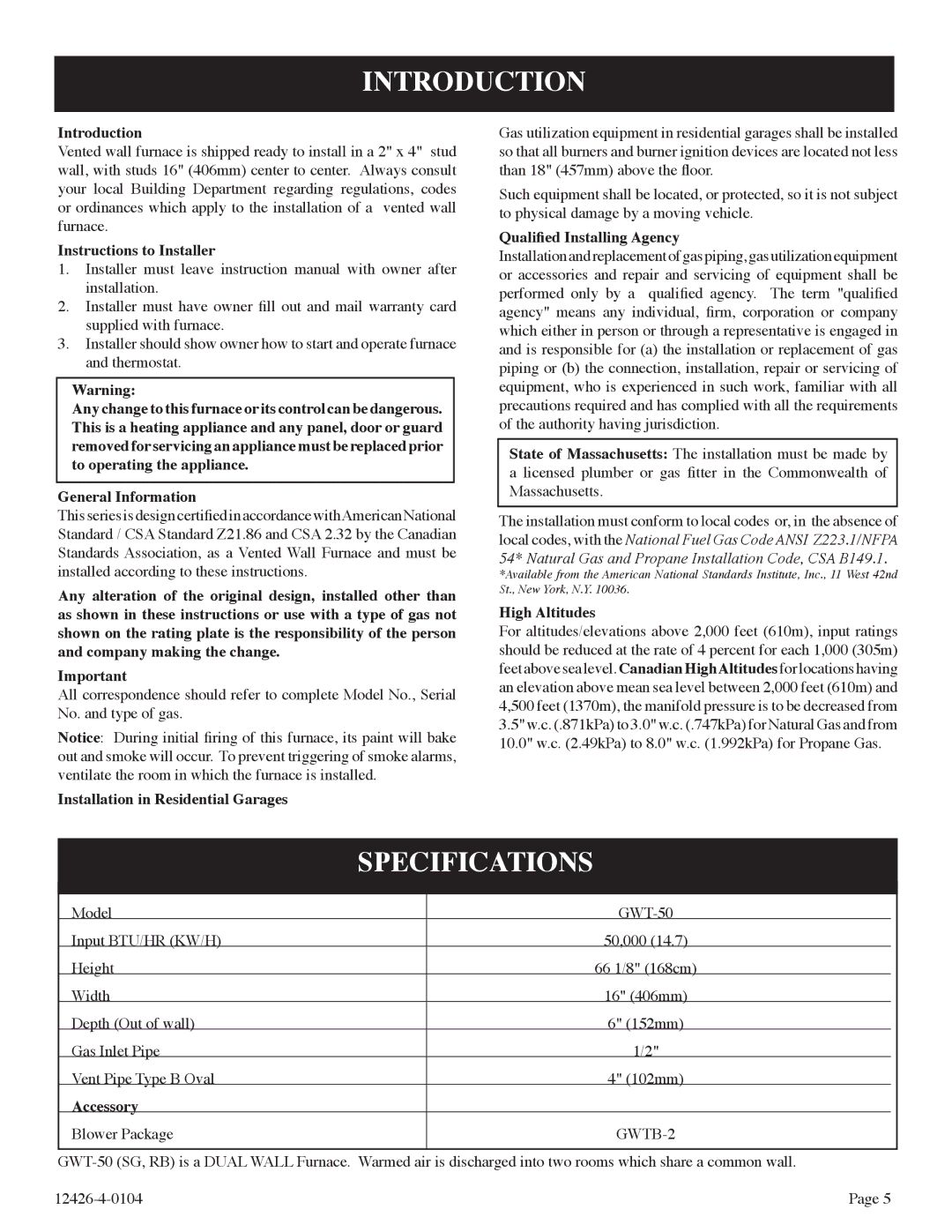 Empire Comfort Systems RB), GWT-50-2 installation instructions Introduction, Specifications 