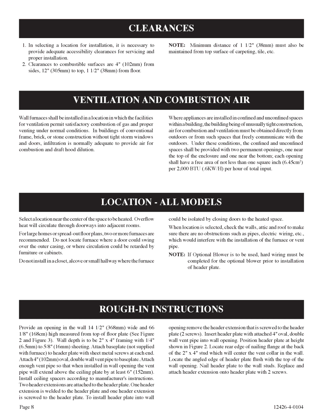 Empire Comfort Systems GWT-50-2 Clearances, Ventilation and Combustion AIR, Location ALL Models, ROUGH-IN Instructions 