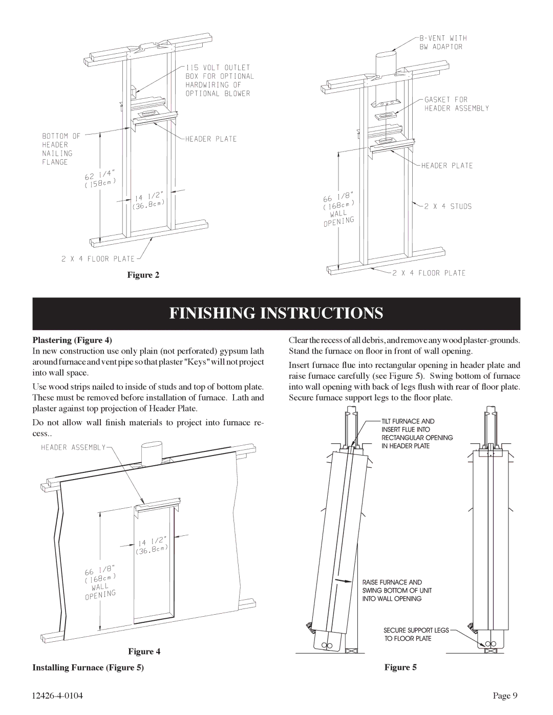 Empire Comfort Systems RB), GWT-50-2 Finishing Instructions, Plastering Figure, Installing Furnace Figure 