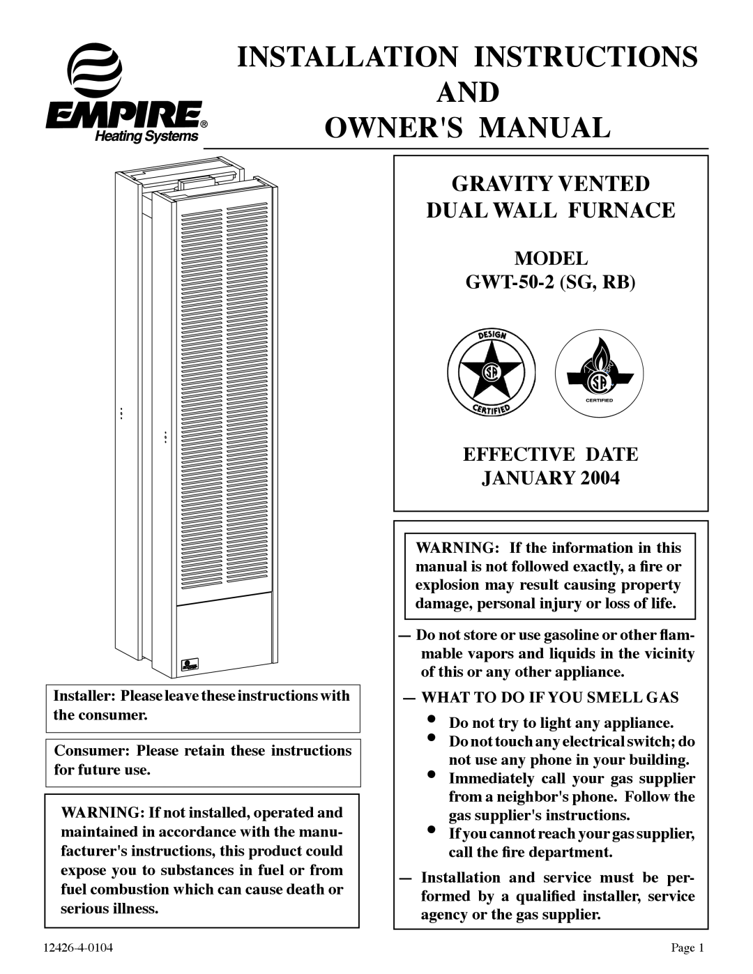 Empire Comfort Systems RB), GWT-50-2 installation instructions Gravity Vented Dual Wall Furnace 