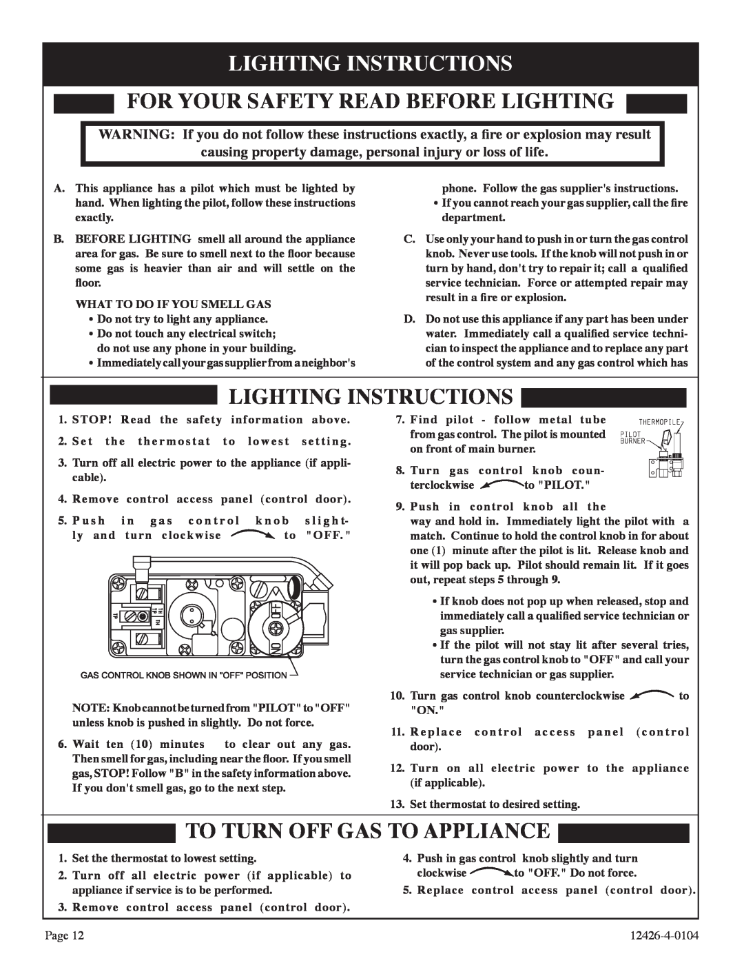 Empire Comfort Systems GWT-50-2 Lighting Instructions, For Your Safety Read Before Lighting, To Turn Off Gas To Appliance 