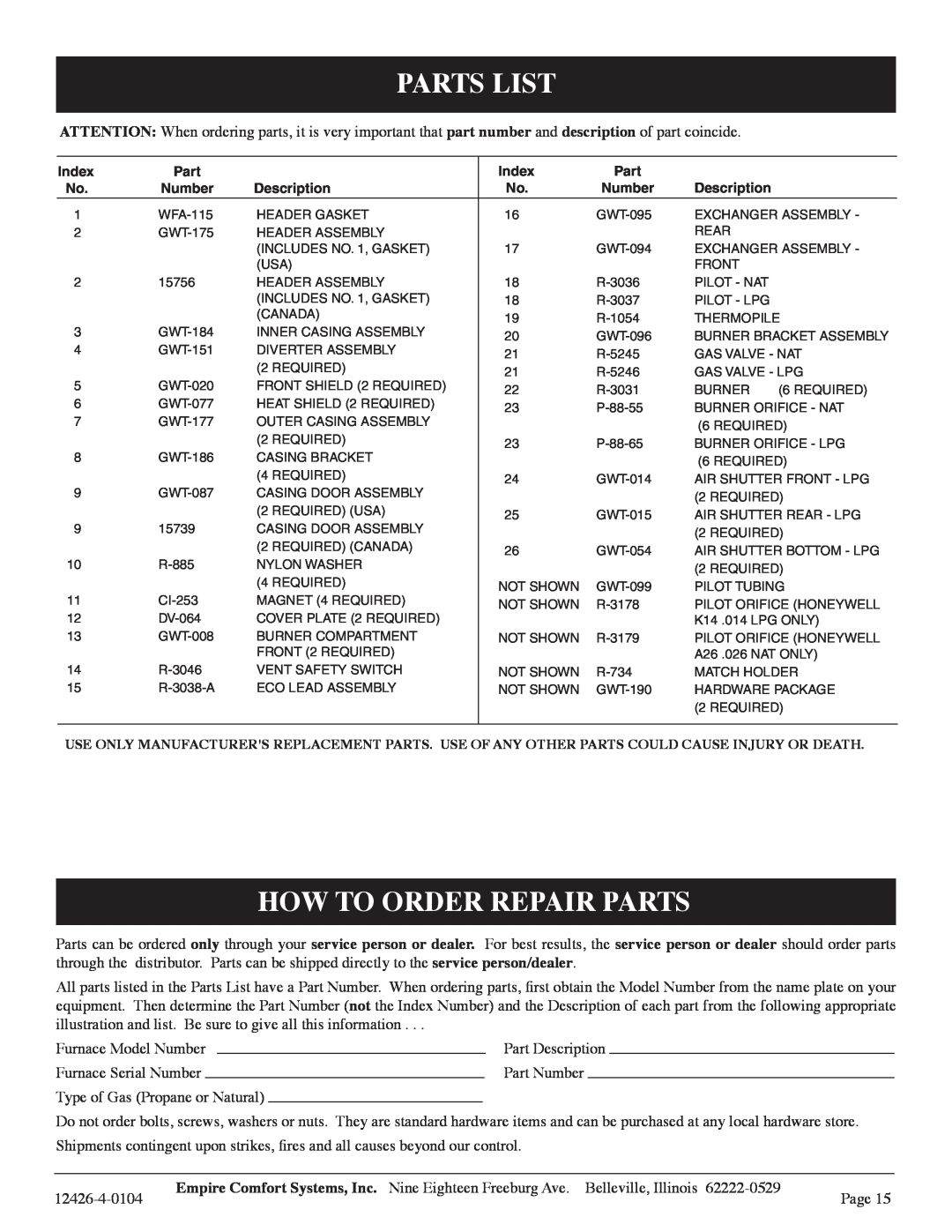 Empire Comfort Systems RB), GWT-50-2 installation instructions Parts List, How To Order Repair Parts 