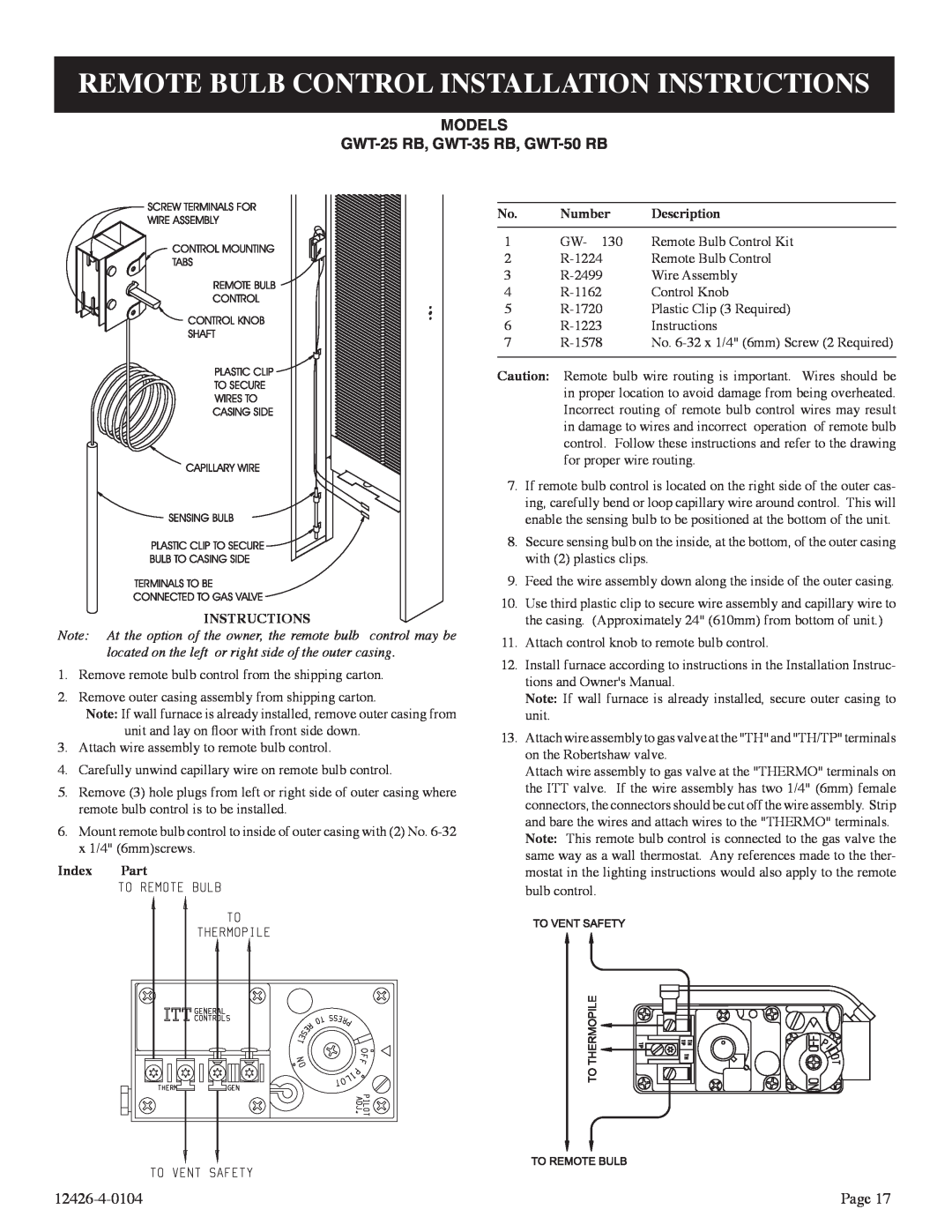 Empire Comfort Systems RB) Remote Bulb Control Installation Instructions, MODELS GWT-25RB, GWT-35RB, GWT-50RB, Number 
