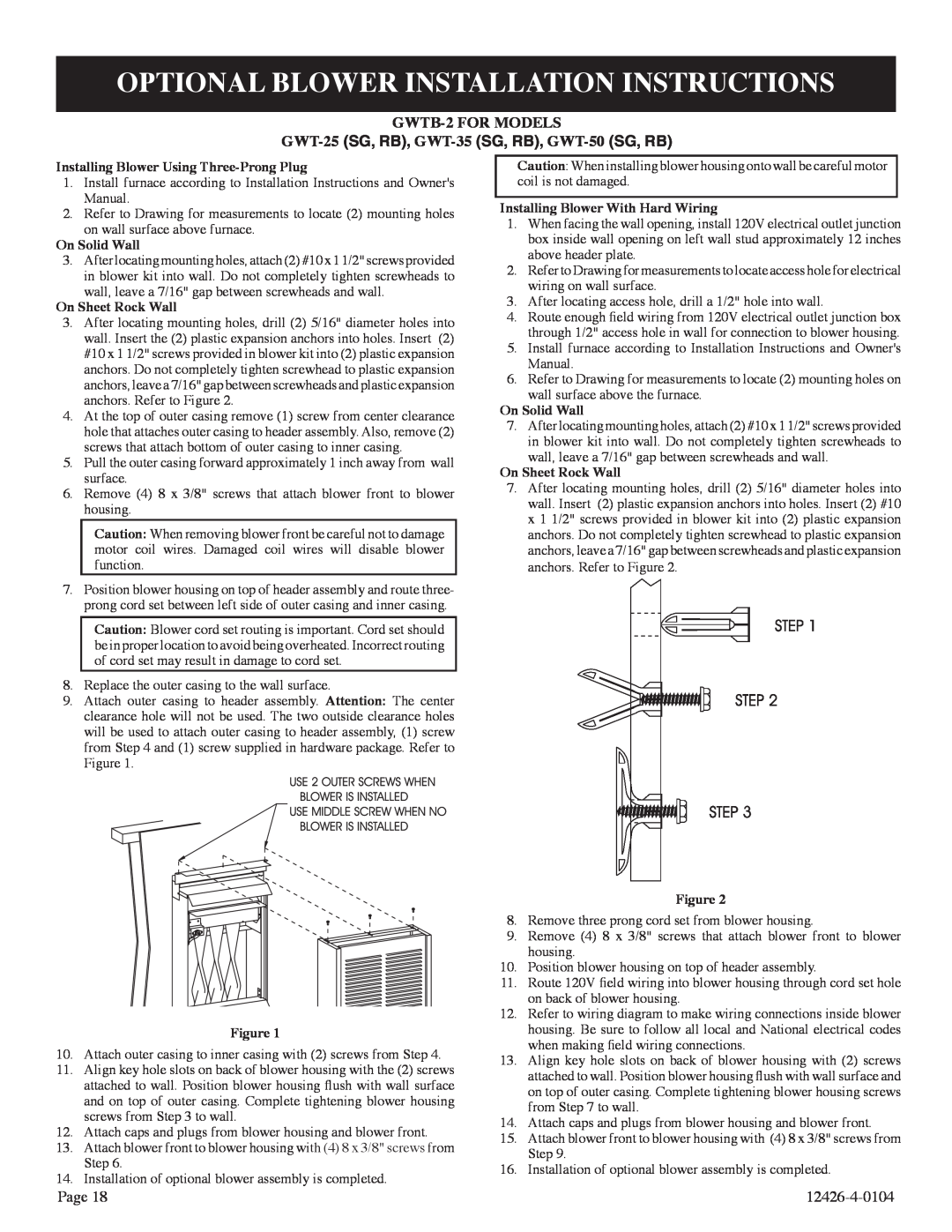 Empire Comfort Systems GWT-50-2, RB) Optional Blower Installation Instructions, Installing Blower Using Three-ProngPlug 