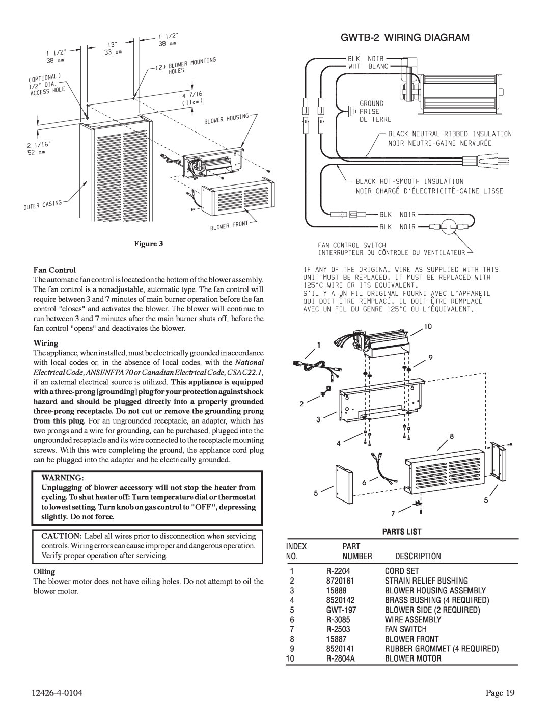 Empire Comfort Systems RB), GWT-50-2 GWTB-2WIRING DIAGRAM, Figure Fan Control, Wiring, Oiling, Parts List 