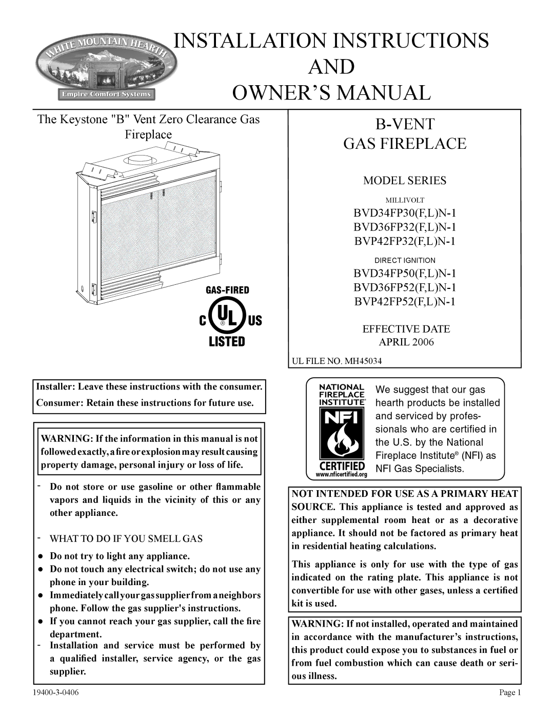 Empire Comfort Systems BVD34FP50, L)N-1, BVP42FP32, BVD34FP30, BVD36FP32 installation instructions Installation Instructions 