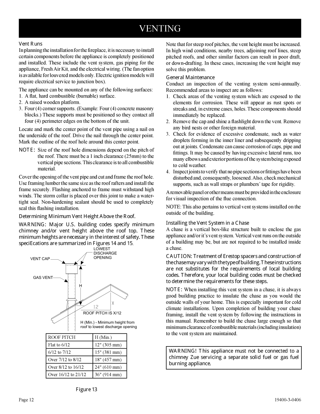 Empire Comfort Systems BVD36FP52 Venting, Vent Runs, Determining Minimum Vent Height Above the Roof, General Maintenance 