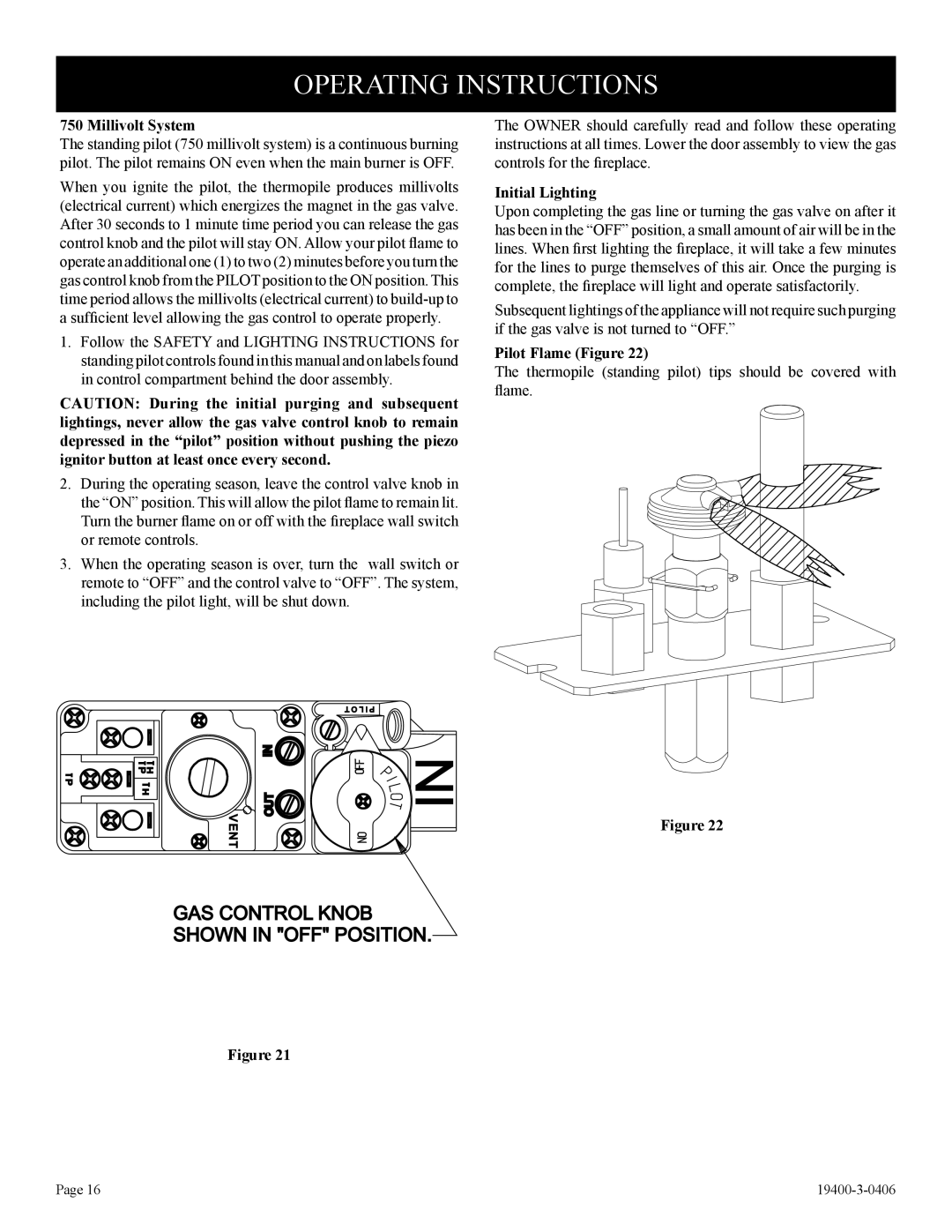 Empire Comfort Systems BVP42FP32, L)N-1 Operating Instructions, Millivolt System, Initial Lighting, Pilot Flame Figure 