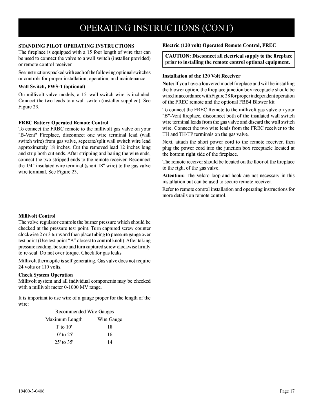 Empire Comfort Systems BVD34FP30 Standing Pilot Operating Instructions, Wall Switch, FWS-1 optional, Millivolt Control 