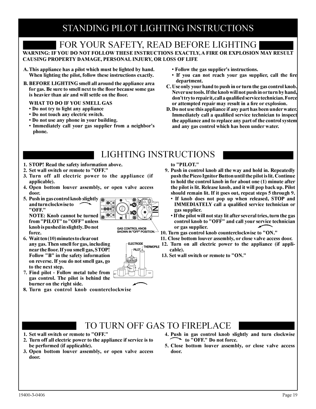 Empire Comfort Systems BVD36FP52, L)N-1, BVD34FP50 Standing Pilot Lighting Instructions, What to do if YOU Smell GAS 