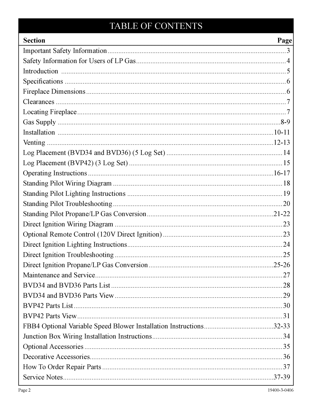 Empire Comfort Systems BVP42FP32, L)N-1, BVD34FP50, BVD34FP30, BVD36FP32, BVD36FP52, BVP42FP52 Table of Contents 