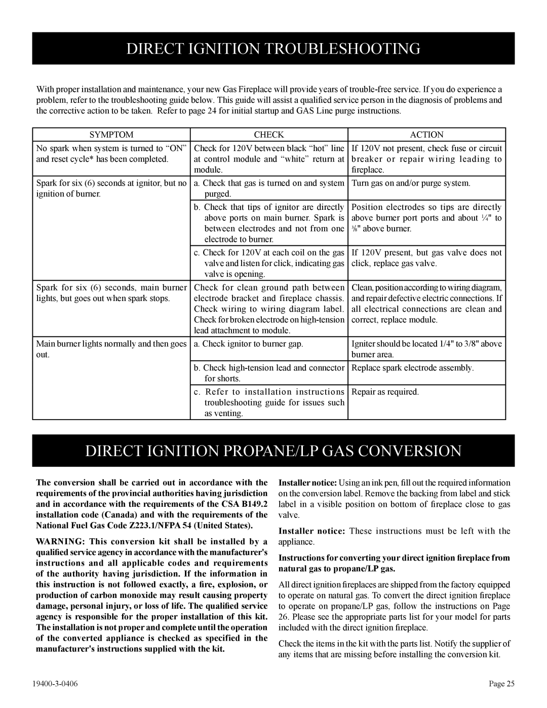 Empire Comfort Systems BVD36FP32, L)N-1 Direct Ignition Troubleshooting, Direct Ignition PROPANE/LP GAS Conversion 