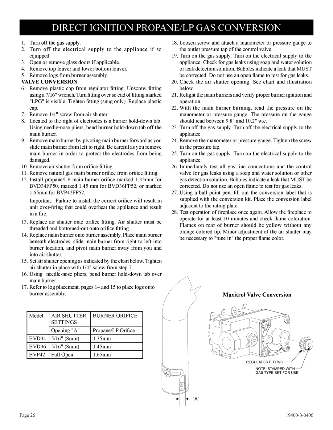 Empire Comfort Systems BVD36FP52, L)N-1, BVD34FP50, BVP42FP32, BVD34FP30, BVD36FP32, BVP42FP52 Maxitrol Valve Conversion 