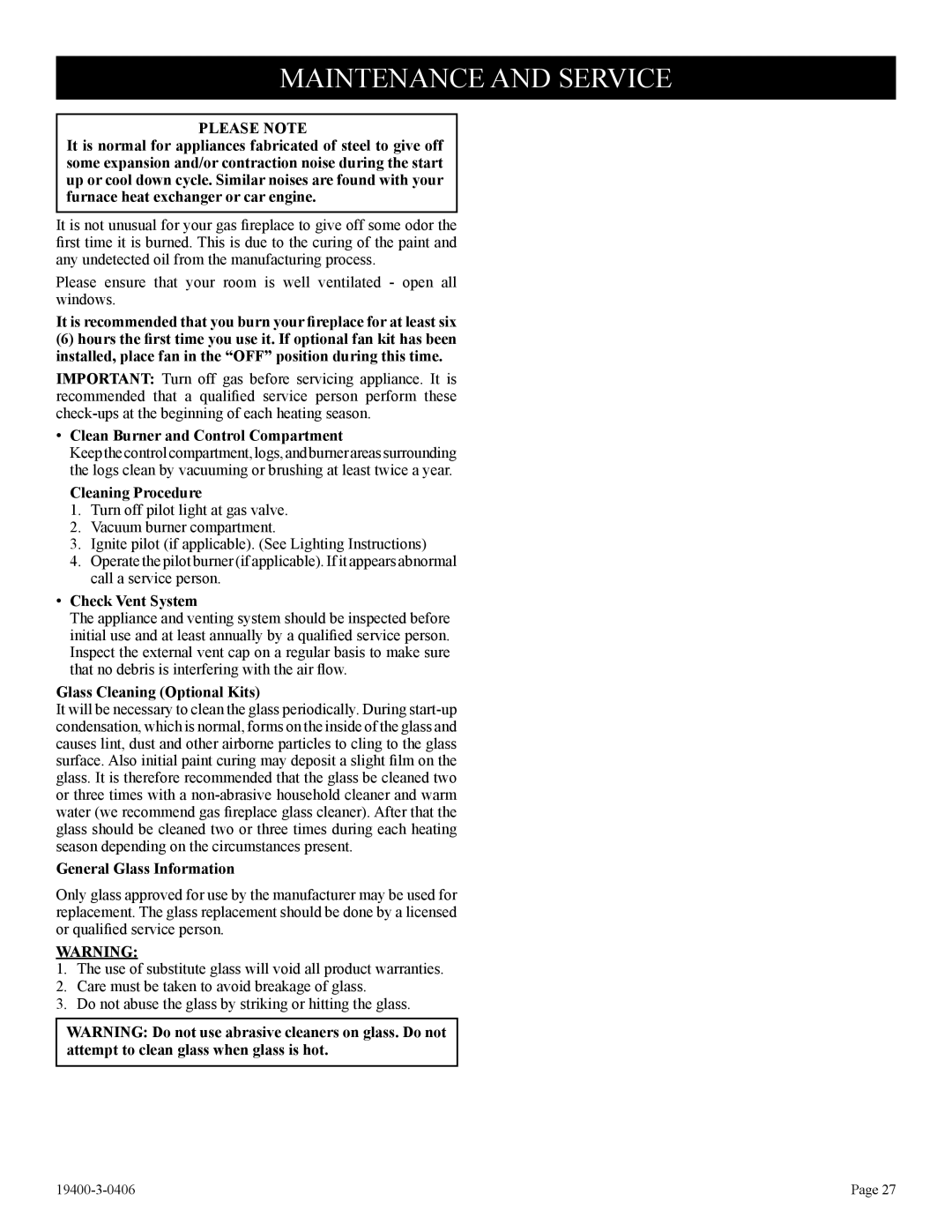 Empire Comfort Systems BVP42FP52, L)N-1, BVD34FP50, BVP42FP32, BVD34FP30, BVD36FP32 Maintenance and Service, Please Note 