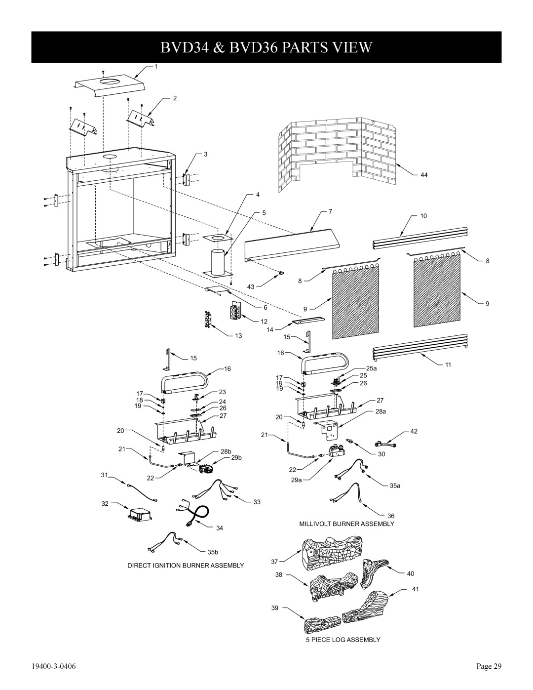 Empire Comfort Systems BVD34FP50, L)N-1, BVP42FP32, BVD34FP30, BVD36FP32, BVD36FP52, BVP42FP52 BVD34 & BVD36 Parts View 