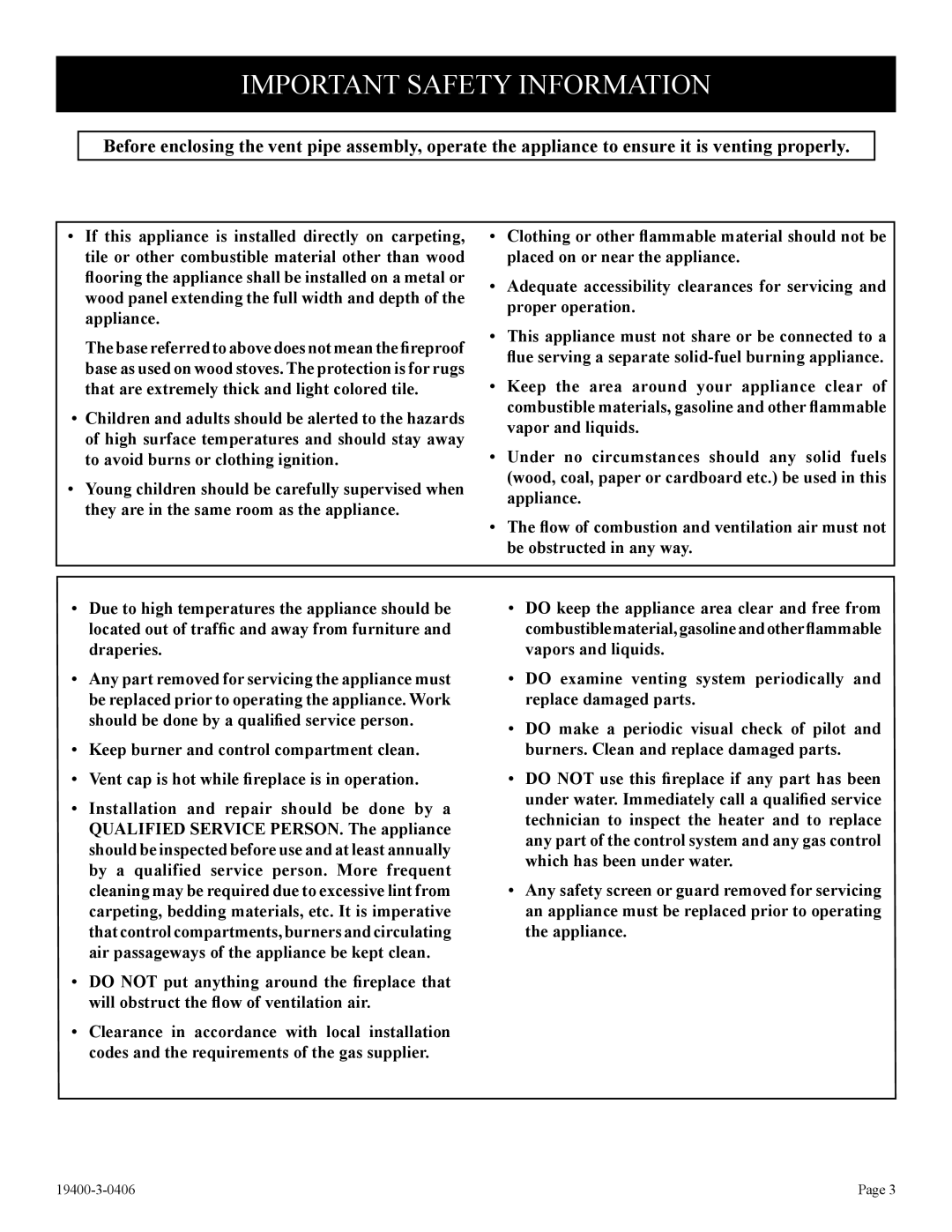 Empire Comfort Systems BVD34FP30, L)N-1, BVD34FP50, BVP42FP32, BVD36FP32, BVD36FP52 Important Safety Information, Appliance 