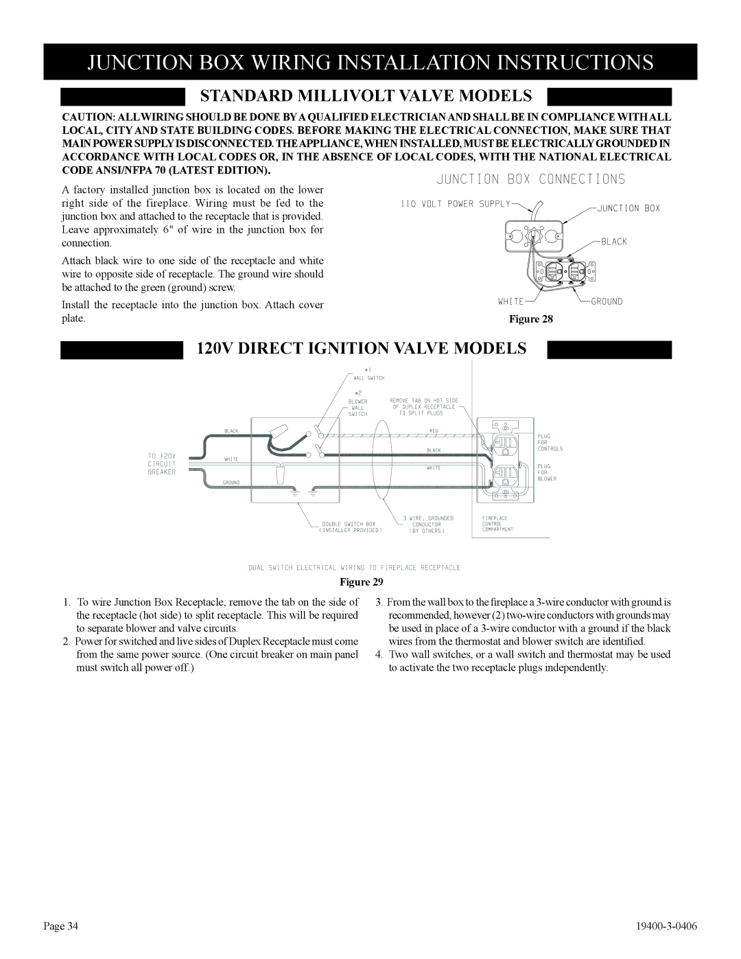 Empire Comfort Systems BVP42FP52, L)N-1 Junction BOX Wiring Installation Instructions, Standard Millivolt Valve Models 