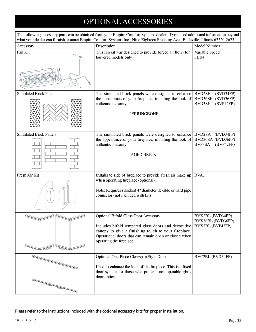 Empire Comfort Systems L)N-1, BVD34FP50, BVP42FP32, BVD34FP30, BVD36FP32, BVD36FP52, BVP42FP52 Optional Accessories, BVA1 