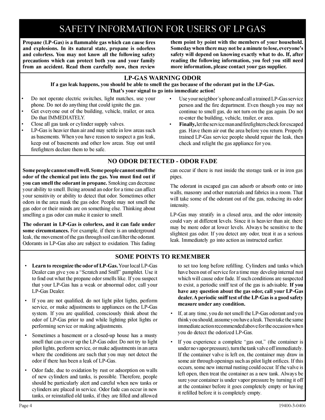 Empire Comfort Systems BVD36FP32, L)N-1, BVD34FP50, BVP42FP32 Safety Information for Users of LP GAS, LP-GAS Warning Odor 