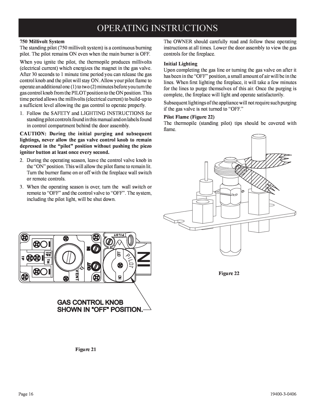 Empire Comfort Systems BVP42FP32, L)N-1 Operating Instructions, Gas Control Knob Shown In Off Position, Millivolt System 