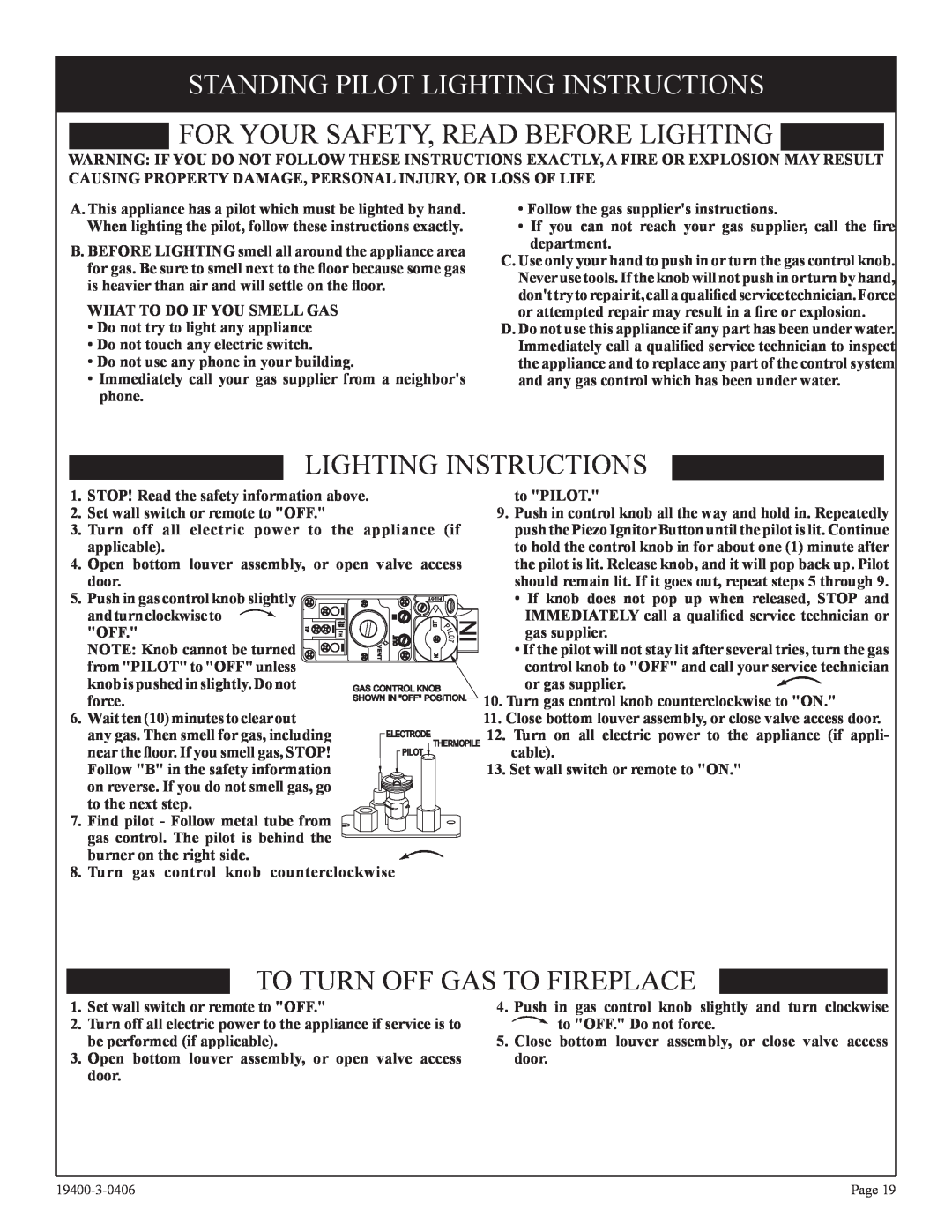 Empire Comfort Systems BVD36FP52 Standing Pilot Lighting Instructions, For Your Safety, Read Before Lighting, to PILOT 