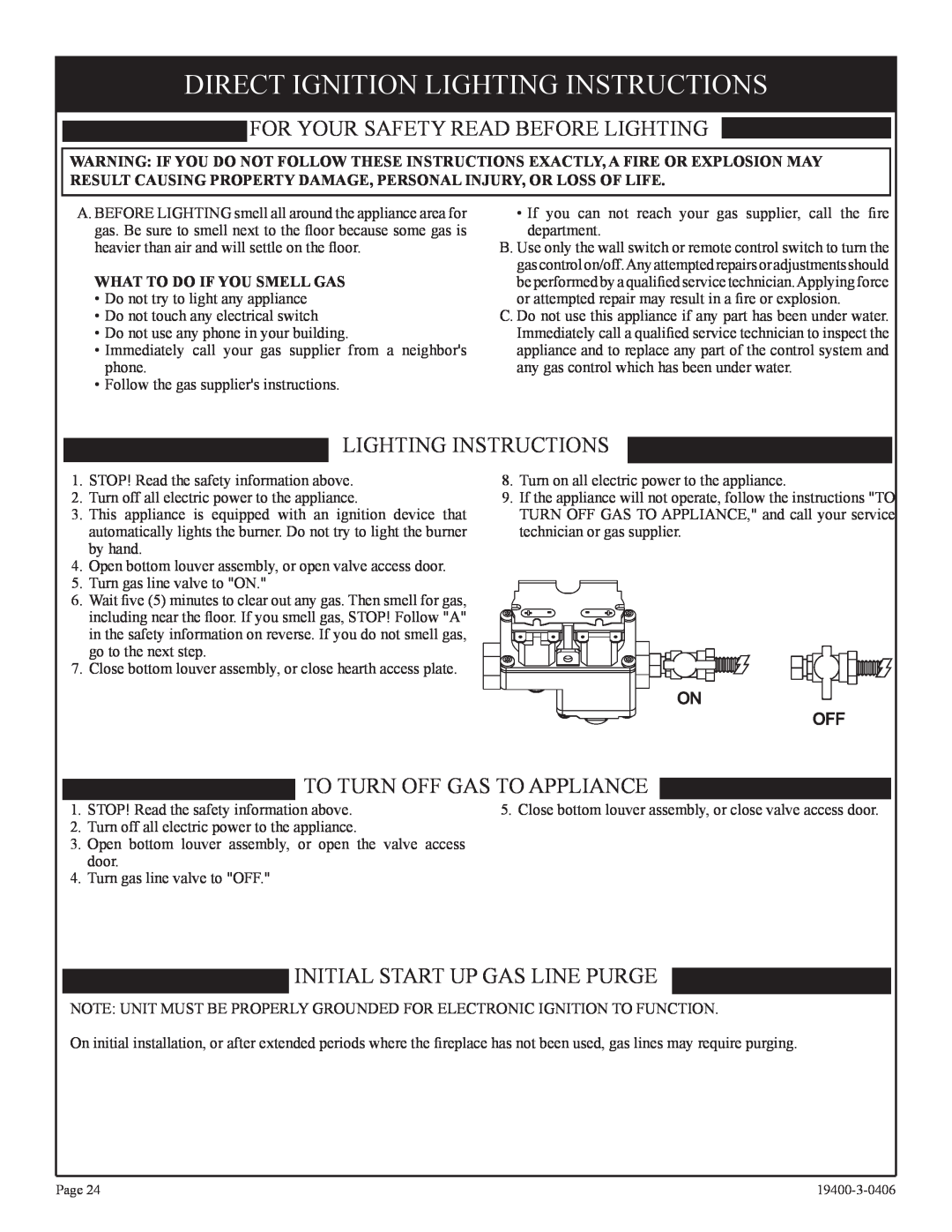 Empire Comfort Systems BVD34FP30, L)N-1 Direct Ignition Lighting Instructions, For Your Safety Read Before Lighting 