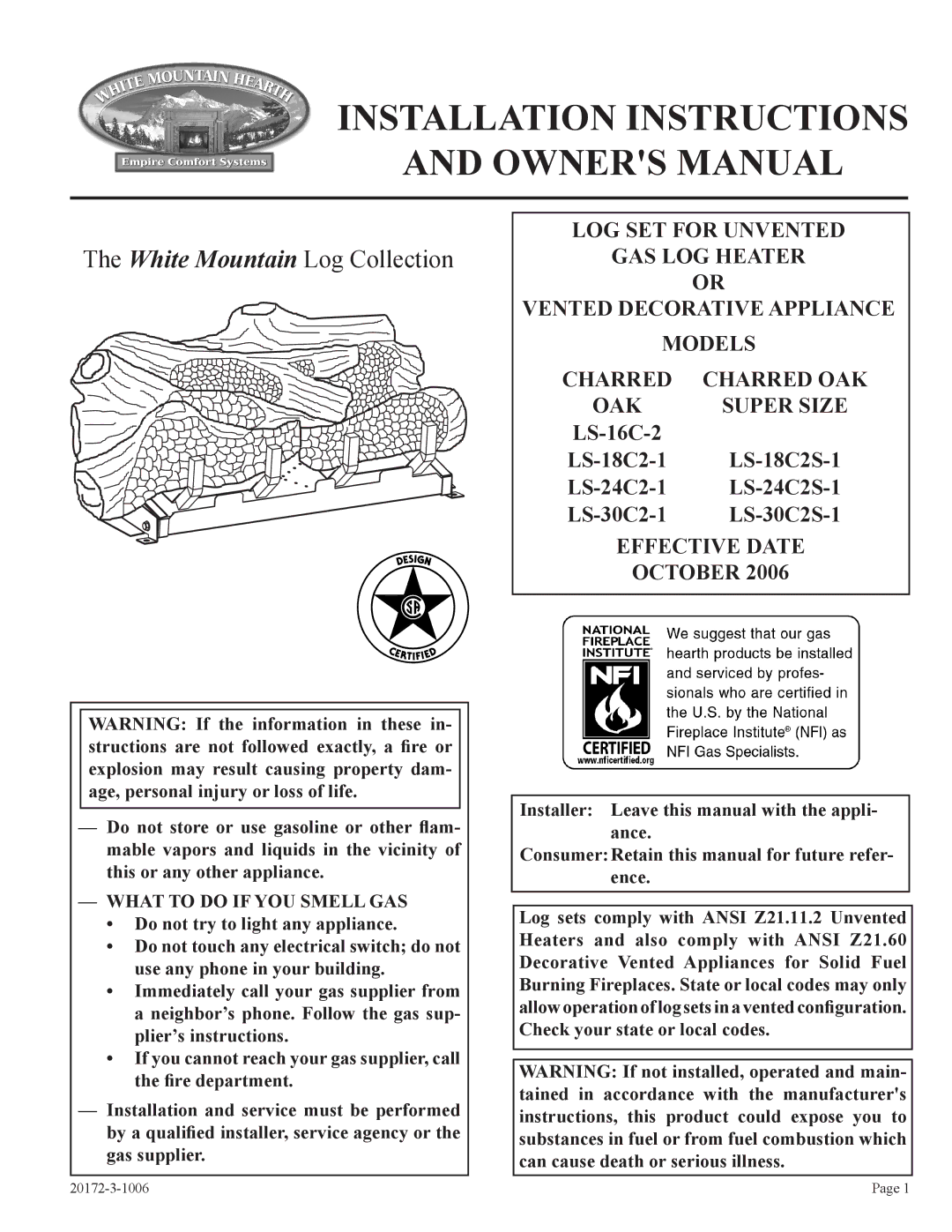 Empire Comfort Systems LS-30C2S-1, LS-24C2-1, LS-18C2S-1, LS-30C2-1 installation instructions Installation Instructions 