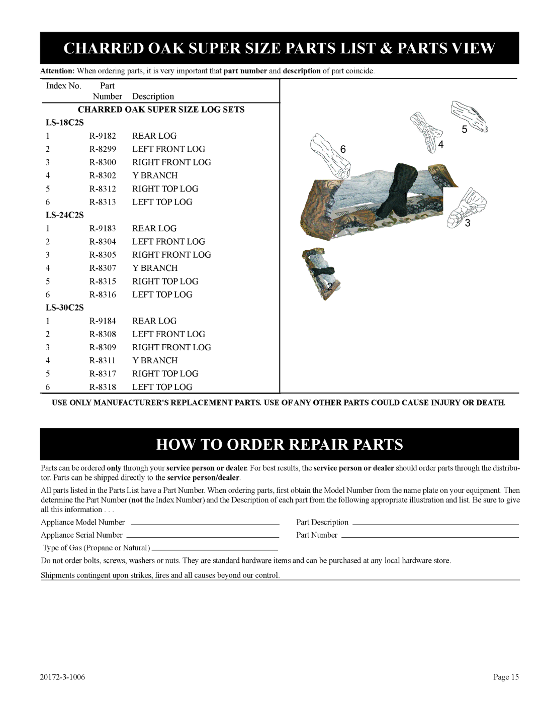 Empire Comfort Systems LS-30C2S-1 Charred OAK Super Size Parts List & Parts View, HOW to Order Repair Parts, LS-24C2S 