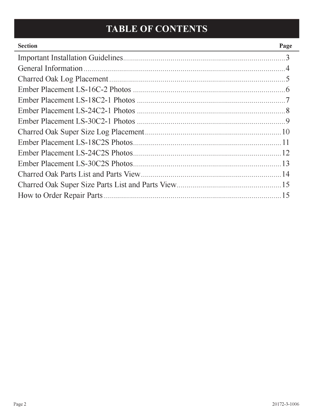 Empire Comfort Systems LS-18C2S-1, LS-24C2-1, LS-30C2S-1, LS-30C2-1, LS-18C2-1, LS-24C2S-1, LS-16C-2 Table of Contents 