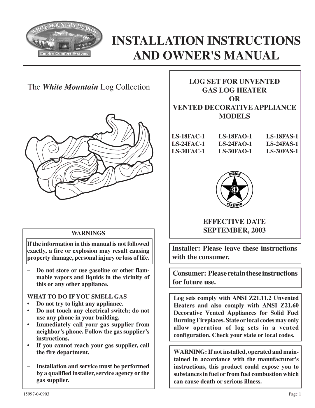 Empire Comfort Systems LS-18FAS-1, LS-24FAS-1, LS-24FAO-1, LS-30FAC-1 installation instructions Installation Instructions 