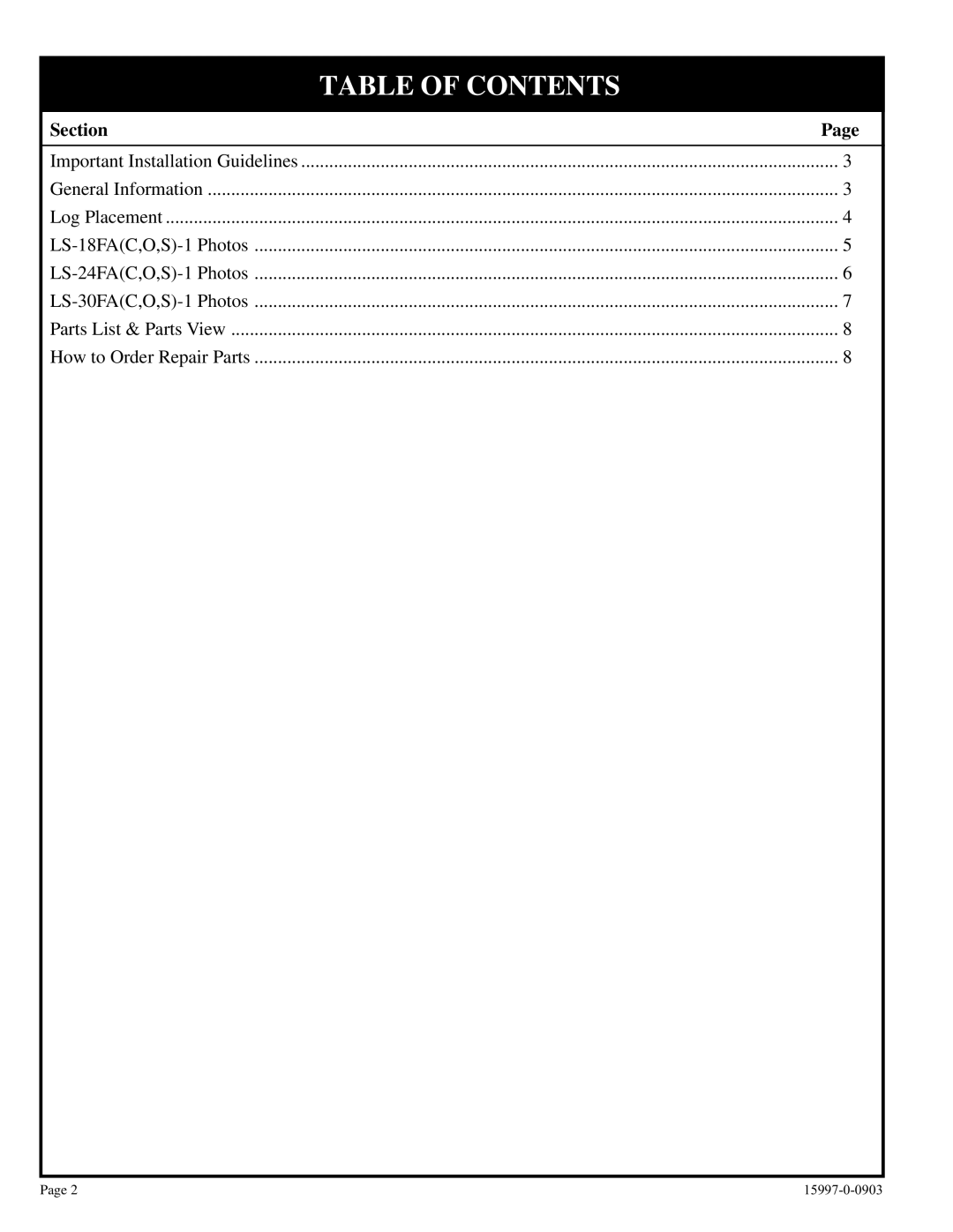 Empire Comfort Systems LS-24FAO-1, LS-24FAS-1, LS-18FAS-1, LS-30FAC-1, LS-24FAC-1, LS-30FAO-1, LS-18FAC-1 Table of Contents 