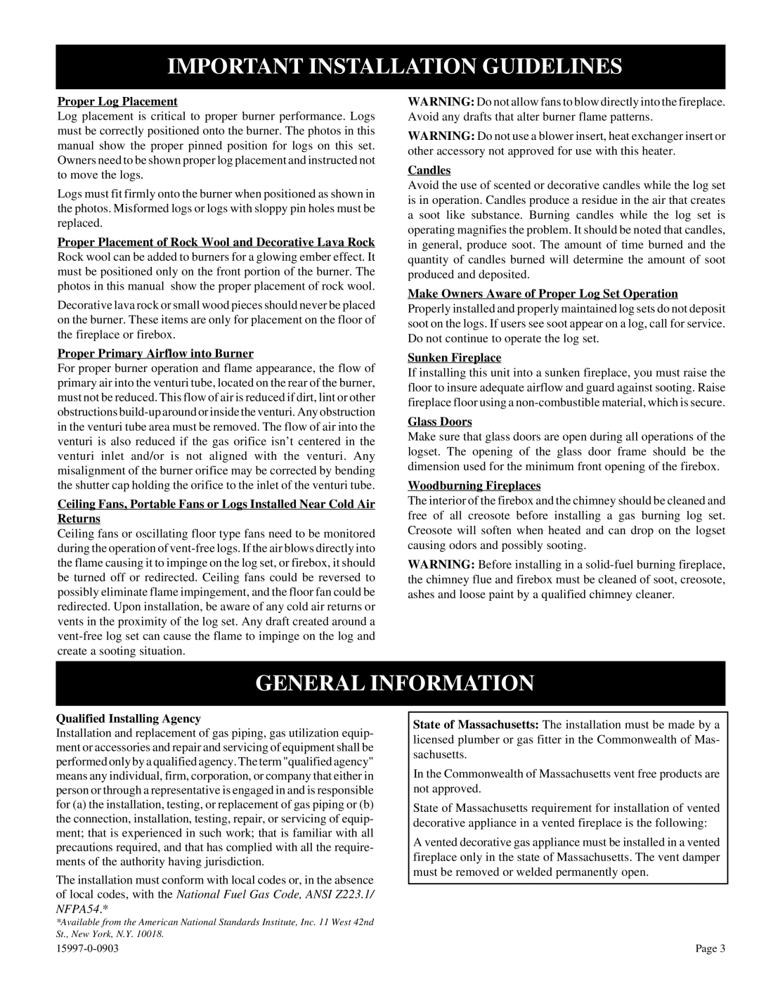 Empire Comfort Systems LS-30FAC-1, LS-24FAS-1, LS-18FAS-1, LS-24FAO-1 Important Installation Guidelines, General Information 