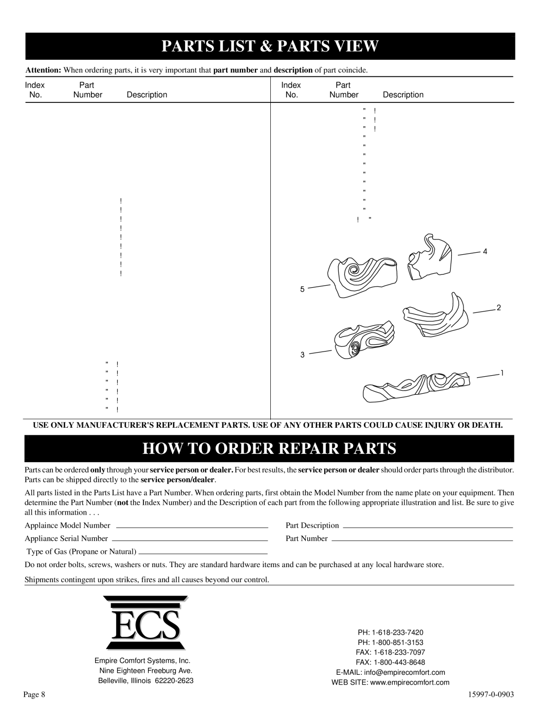 Empire Comfort Systems LS-18FAO-1, LS-24FAS-1, LS-18FAS-1, LS-24FAO-1 Parts List & Parts View, HOW to Order Repair Parts 