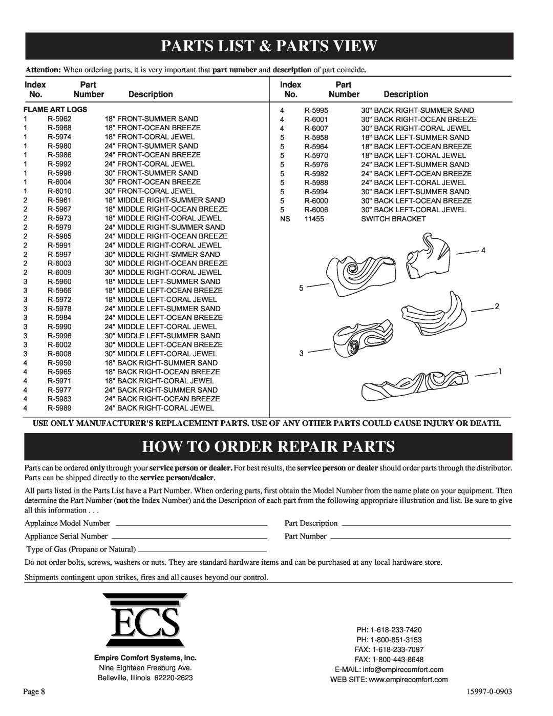 Empire Comfort Systems LS-18FAO-1 Parts List & Parts View, How To Order Repair Parts, Index, Number, Description 