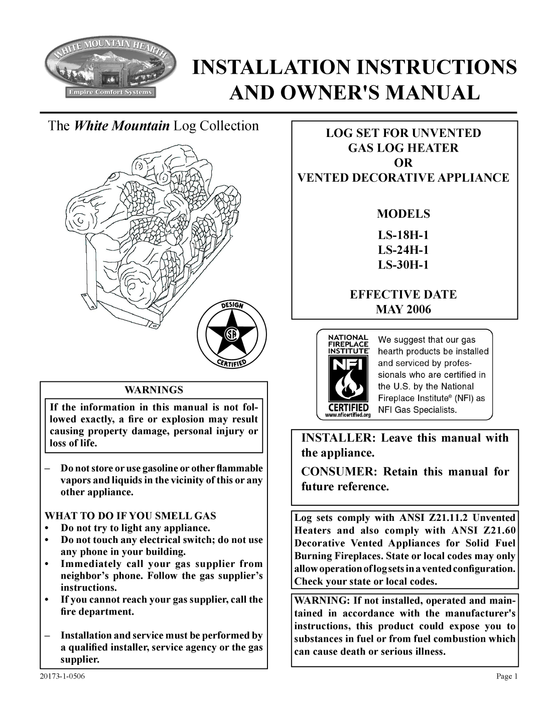 Empire Comfort Systems LS-30H-1, LS-24H-1, LS-18H-1 installation instructions Installation Instructions 