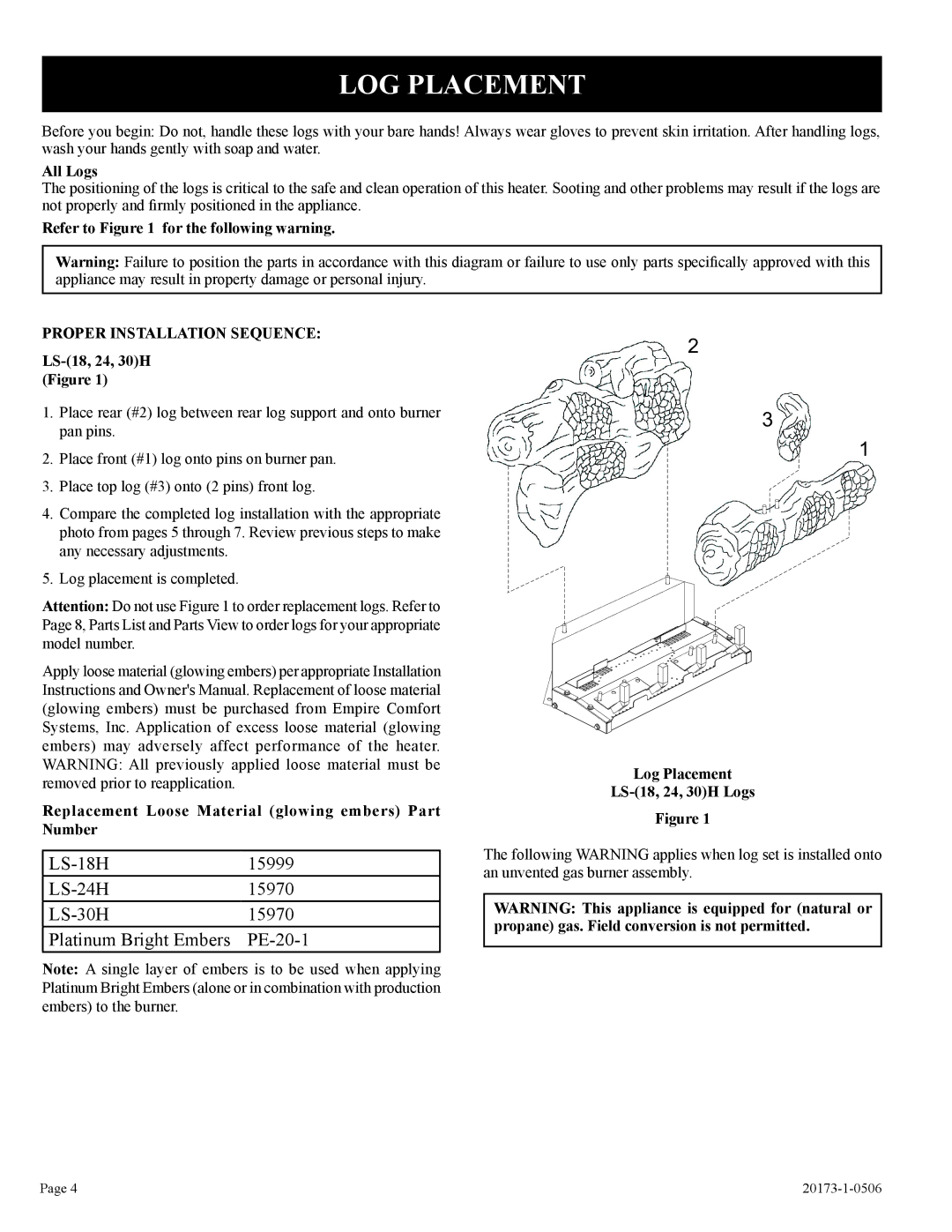 Empire Comfort Systems LS-30H-1, LS-24H-1, LS-18H-1 installation instructions LOG Placement 